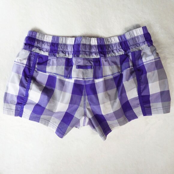 Lululemon plaid speed shorts with drawstring 30” waist Size 4 purple grey white - Picture 2 of 5